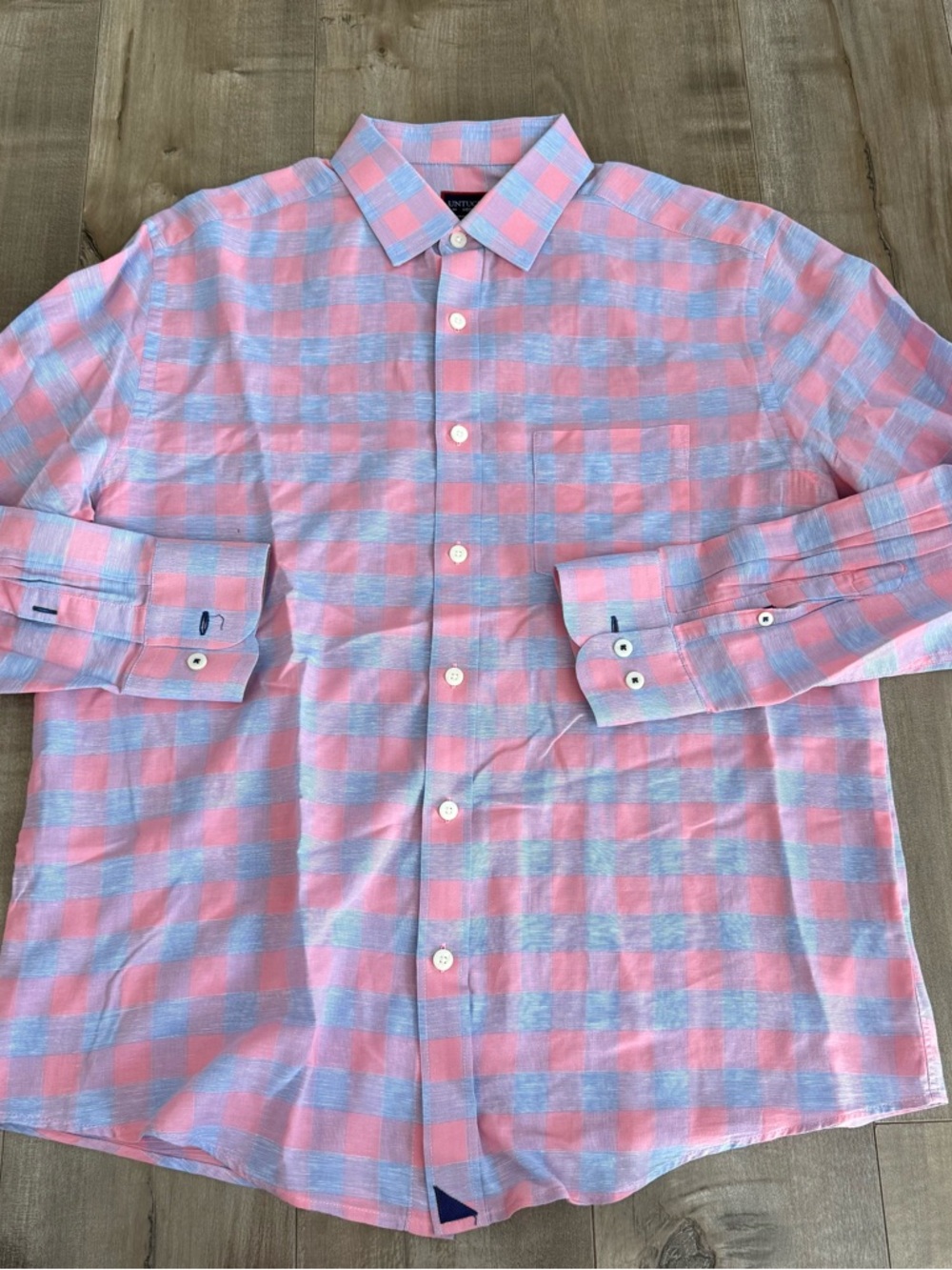 UNTUCKit Long Sleeve Button Up Shirt Linen Blend Check Medium Pink Red Blue Pock - Picture 2 of 7